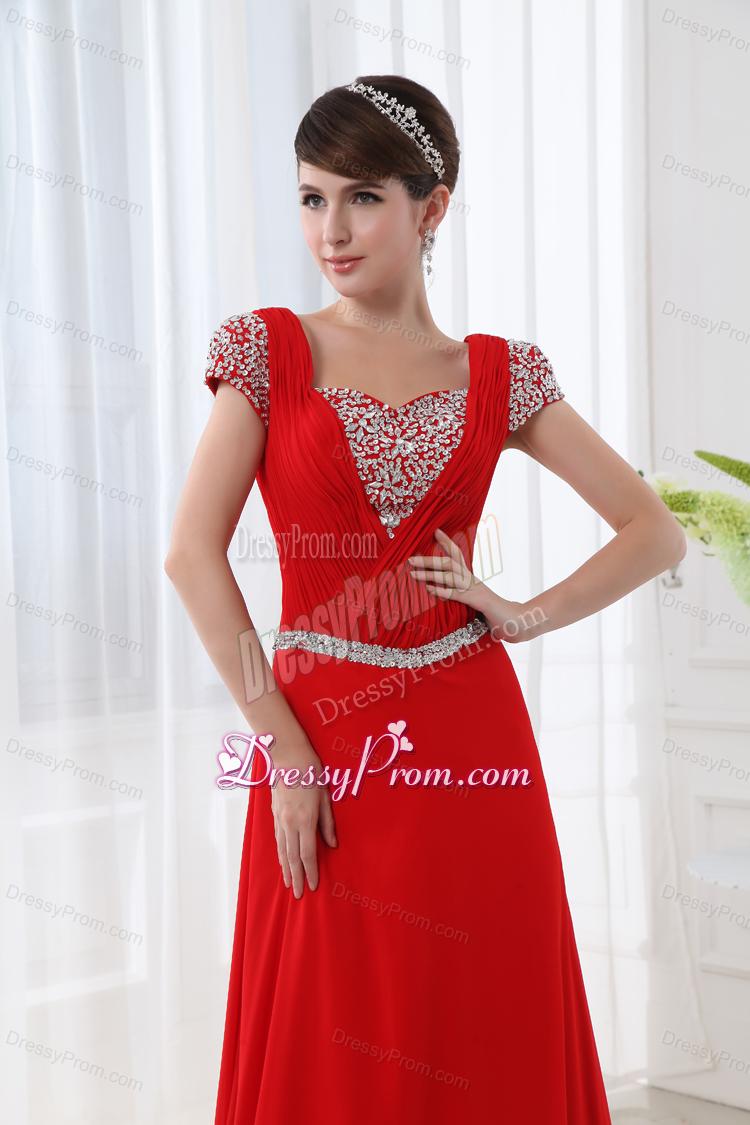 Empire Red Floor-length Square Beading and Ruching Cap Sleeves Prom Dress