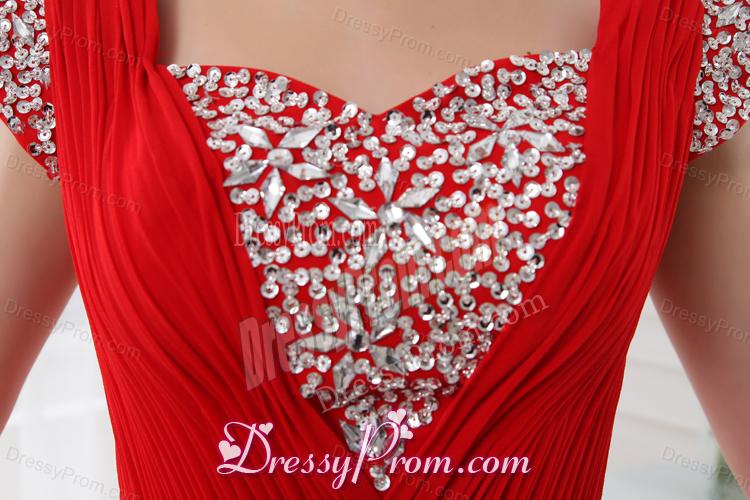 Empire Red Floor-length Square Beading and Ruching Cap Sleeves Prom Dress