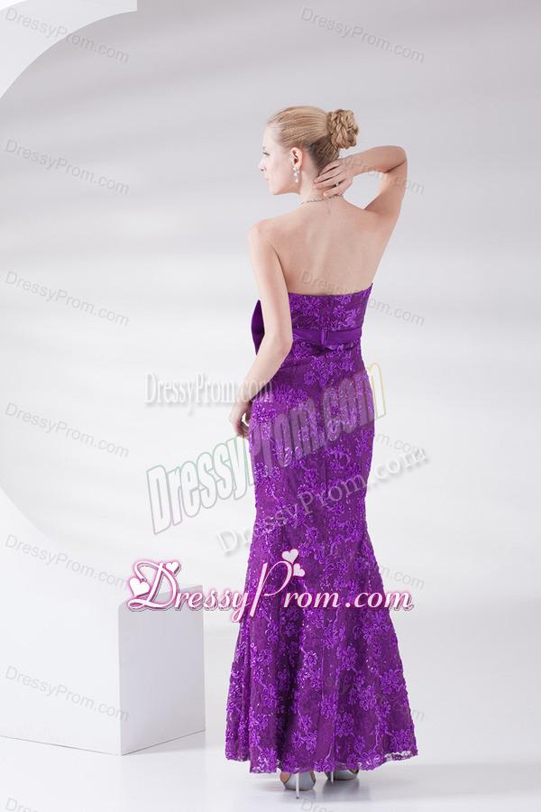 Mermaid Eggplant Purple Strapless Lace Sashes Ankle-length Prom Dress