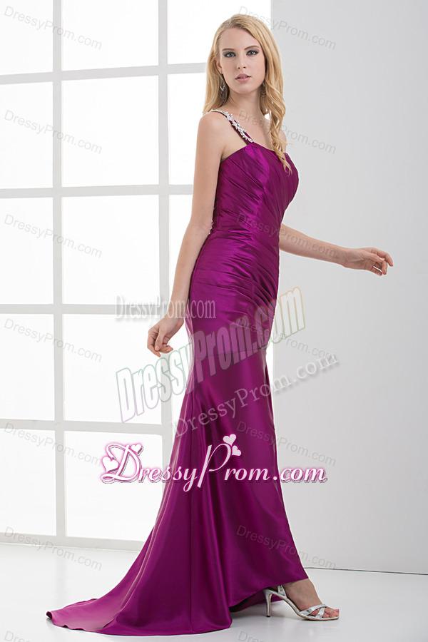 Mermaid Fuchsia One Shoulder Brush Train Beading Taffeta Ruching Prom Dress