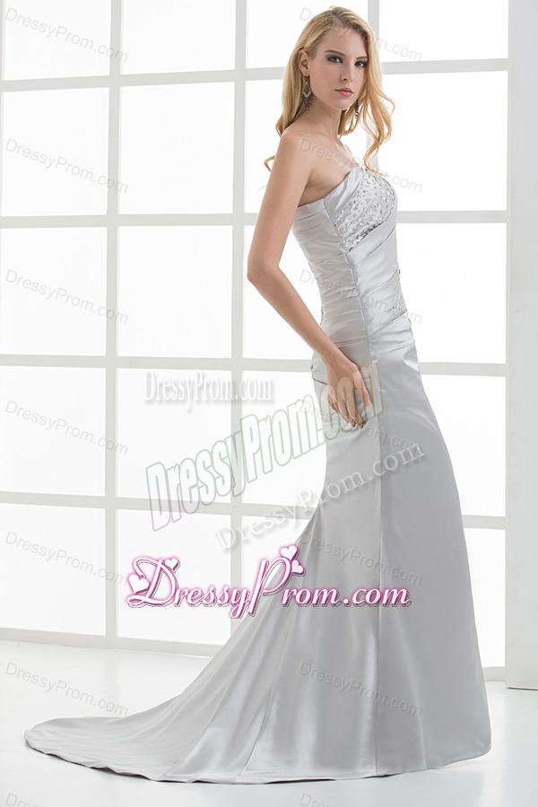 Mermaid Strapless Beading and Ruching Brush Train Silver Prom Dress