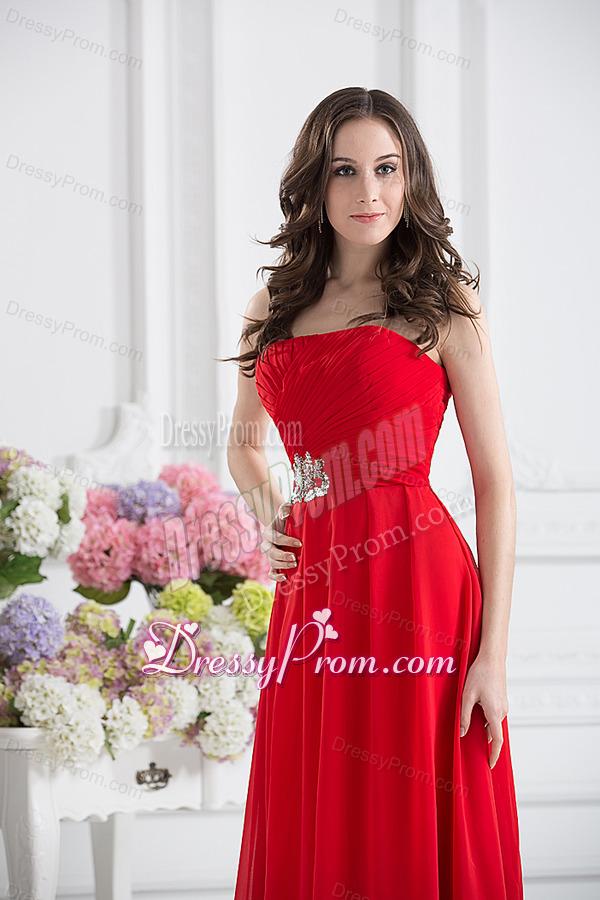 Red Empire Strapless Chiffon Floor-length Prom Dress