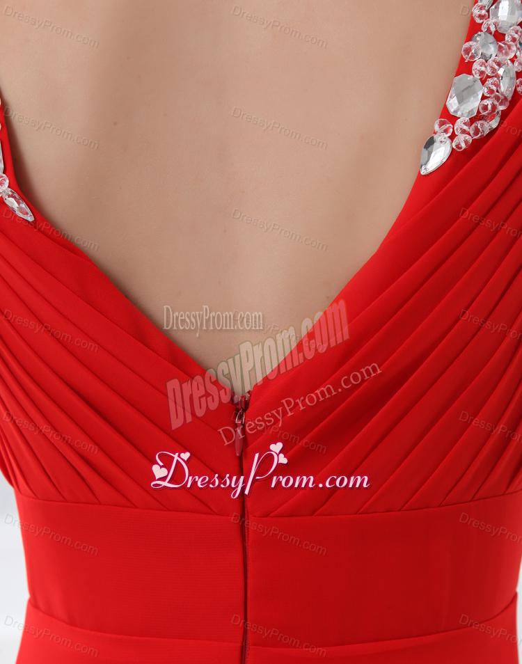 Red V-neck Beading and Ruching Floor-length Chiffon Prom Dress