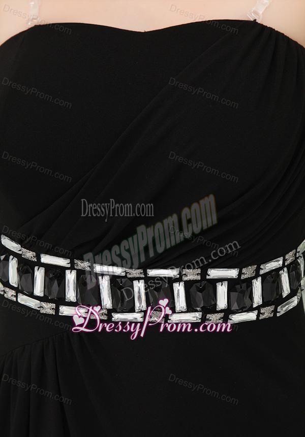 Strapless Empire Black Chiffon Belt Prom Dress with High Slit Ruchings