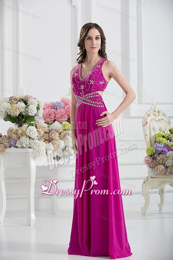 V-neck Empire Floor-length Prom Dress in Fuchsia with Appliques