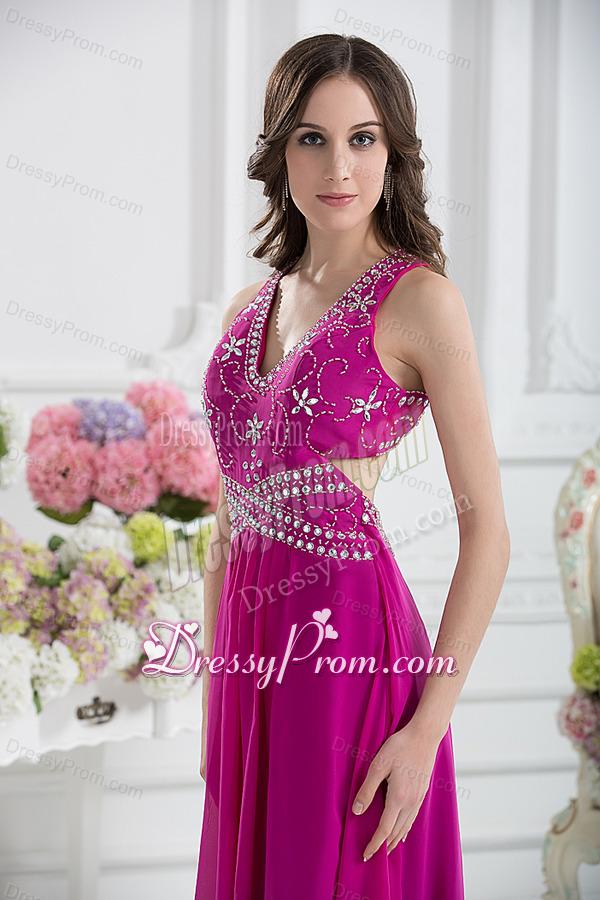 V-neck Empire Floor-length Prom Dress in Fuchsia with Appliques