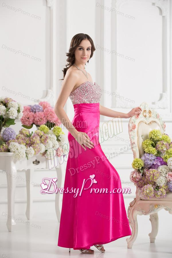 Column Sweetheart Taffeta Beading Hot Pink Ankle-length Prom Dress