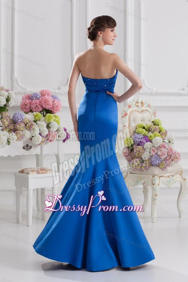 Mermaid Strapless Blue Prom Dress with Ruching and Beading