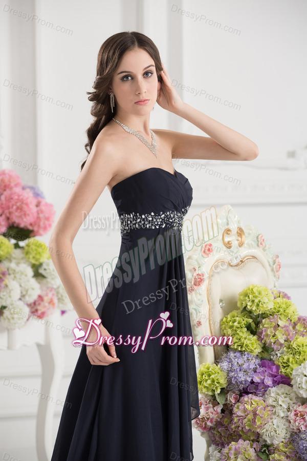 A-line Sweetheart Chiffon Beading Ruching Black Prom Dress