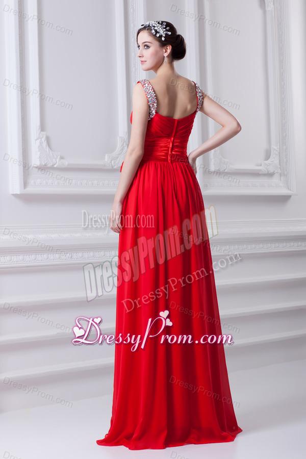 Empire Red Straps Chiffon Prom Dress with Beading and Bowknot