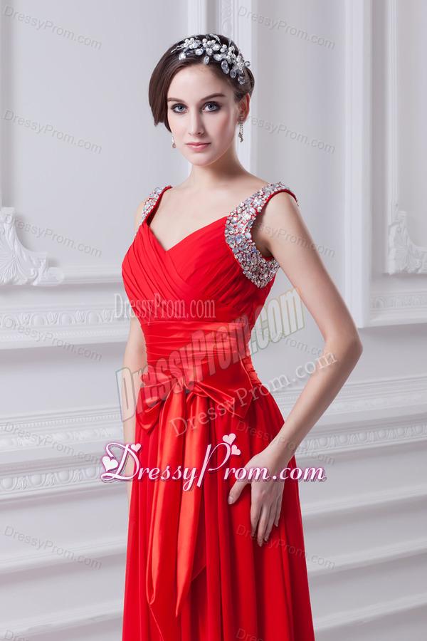 Empire Red Straps Chiffon Prom Dress with Beading and Bowknot