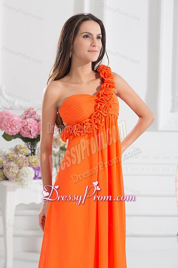 Empire Ruching Hand Make Flowers Orange Red Prom Dress