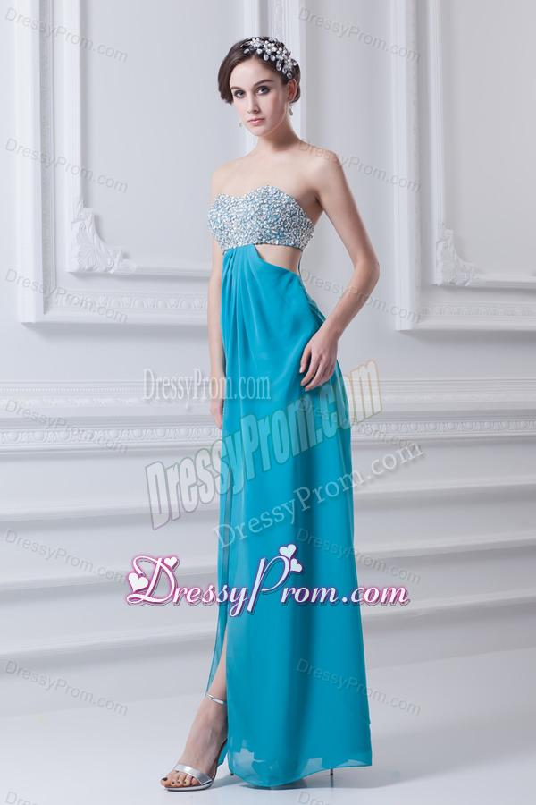 Sweetheart Deep Sky Blue Chiffon Prom Dress with Beading