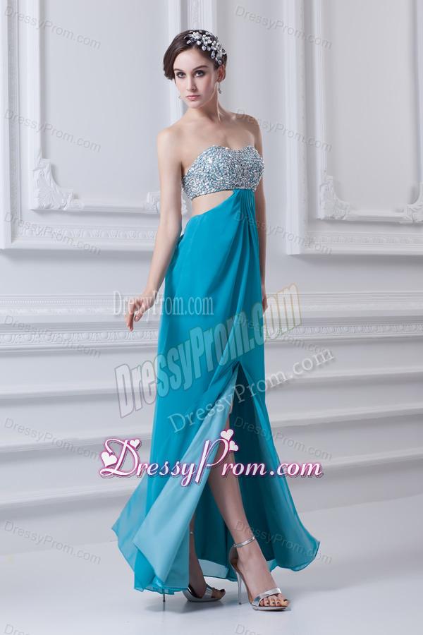 Sweetheart Deep Sky Blue Chiffon Prom Dress with Beading