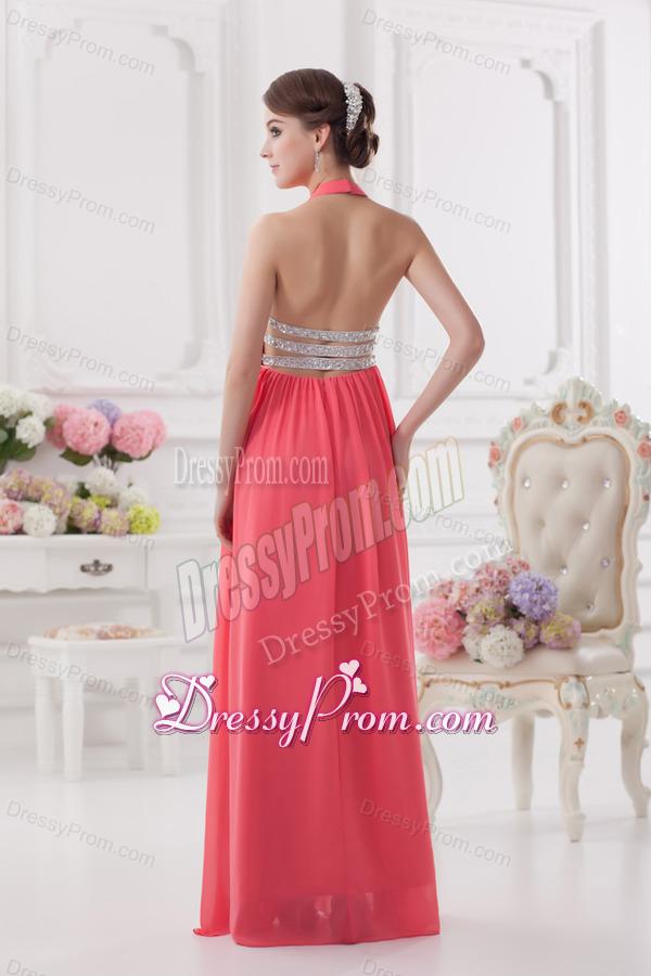 Watermelon Halter top High Slit Chiffon Prom Dress with Beading