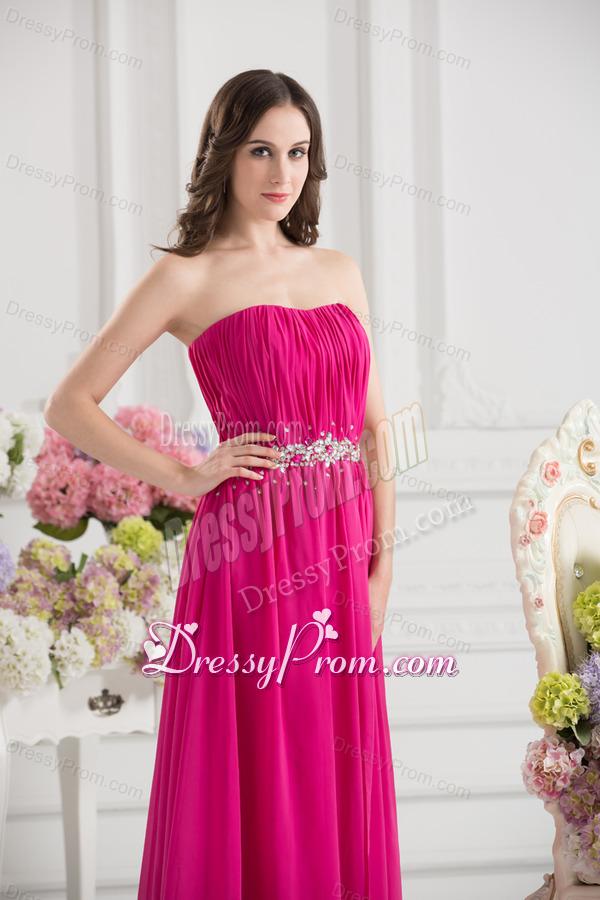 Hot Pink Empire Strapless Ruching Beading Brush Train Prom Dress