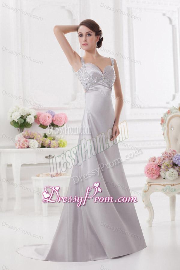 Light Grey Straps Column Prom Dress with Beading and Ruching