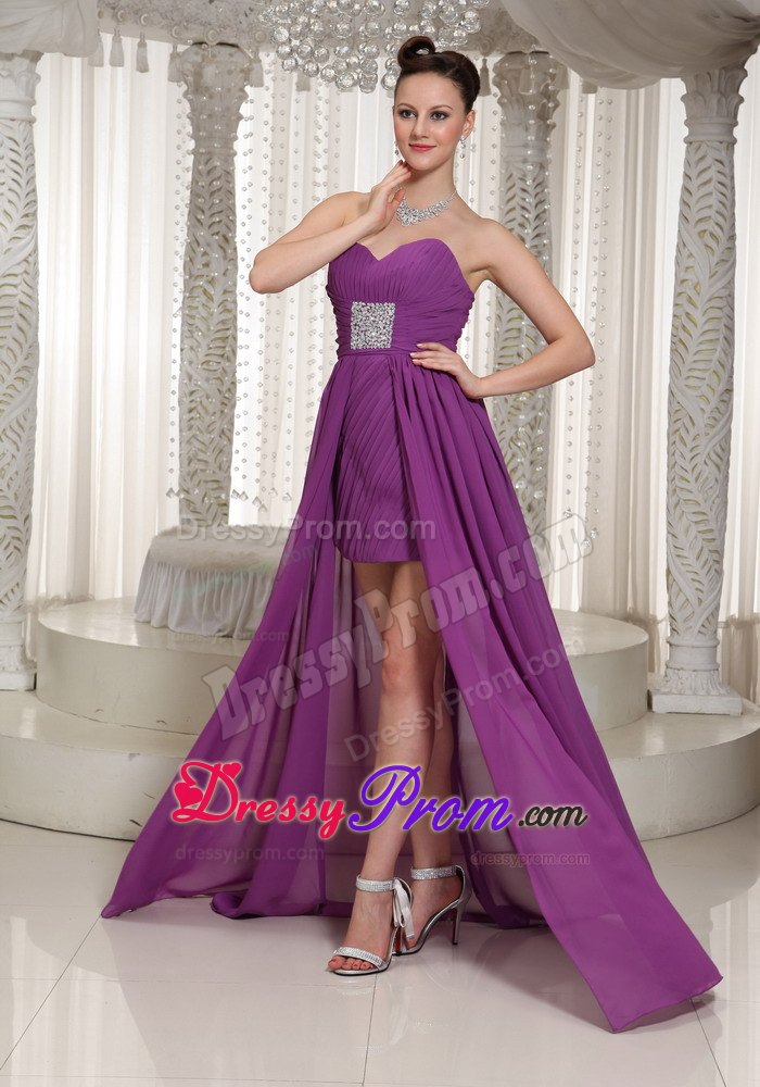 Newest Purple Sweetheart Beaded Prom Gown Dress High-low with Ruche