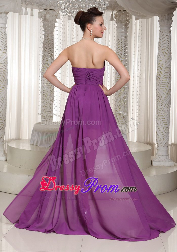Newest Purple Sweetheart Beaded Prom Gown Dress High-low with Ruche