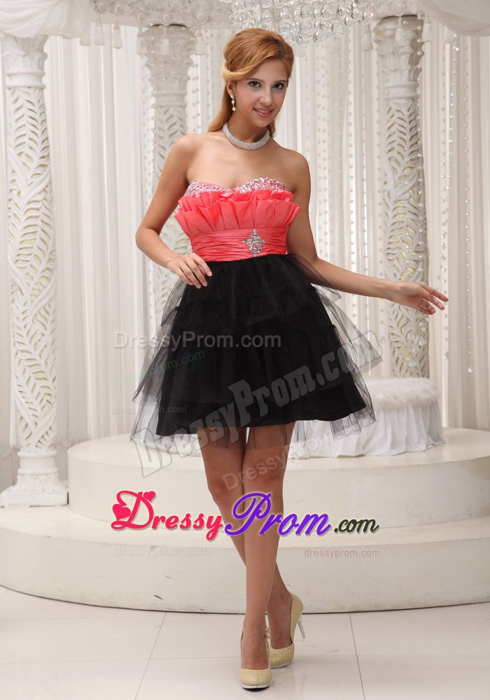 Lovely Tulle Red and Black Prom Gown with Ruche Beading Mini-length