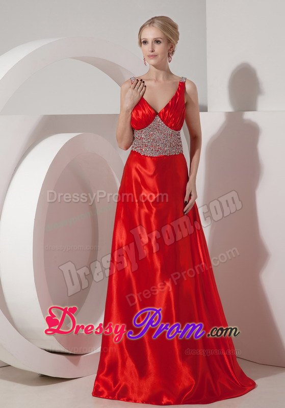 New Arrival V-neck Beaded Red Prom Dress for Girls Brush Train