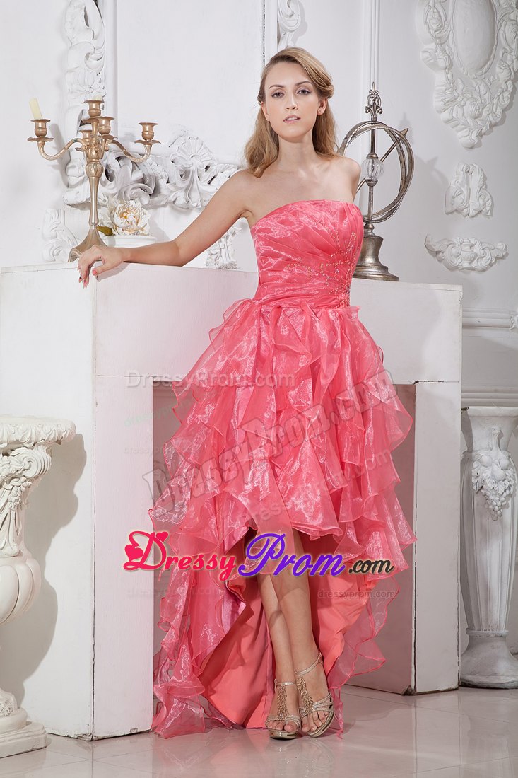 2014 Watermelon Red Asymmetrical High-low Prom Dress Ruffled