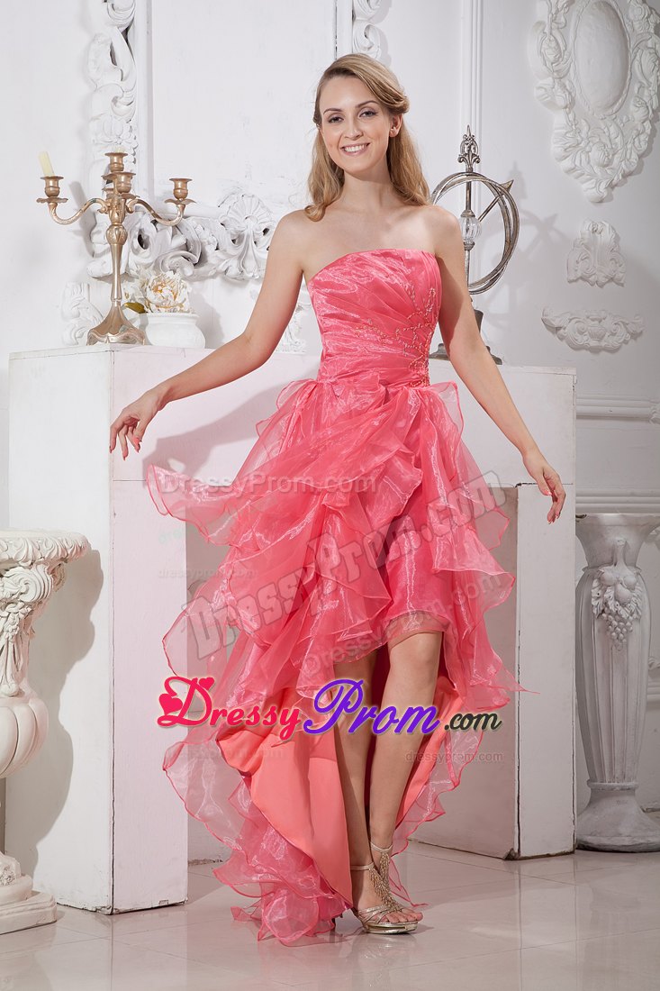 2014 Watermelon Red Asymmetrical High-low Prom Dress Ruffled