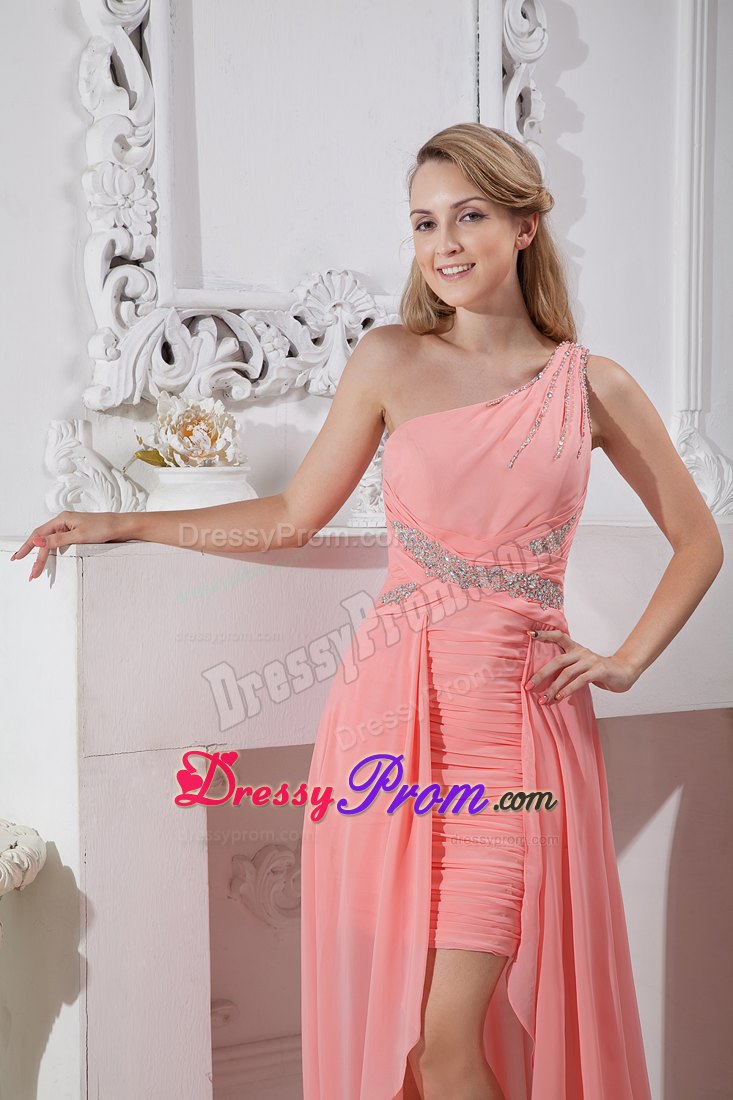 Watermelon Red One Shoulder High-low Chiffon Ruched Prom Dress