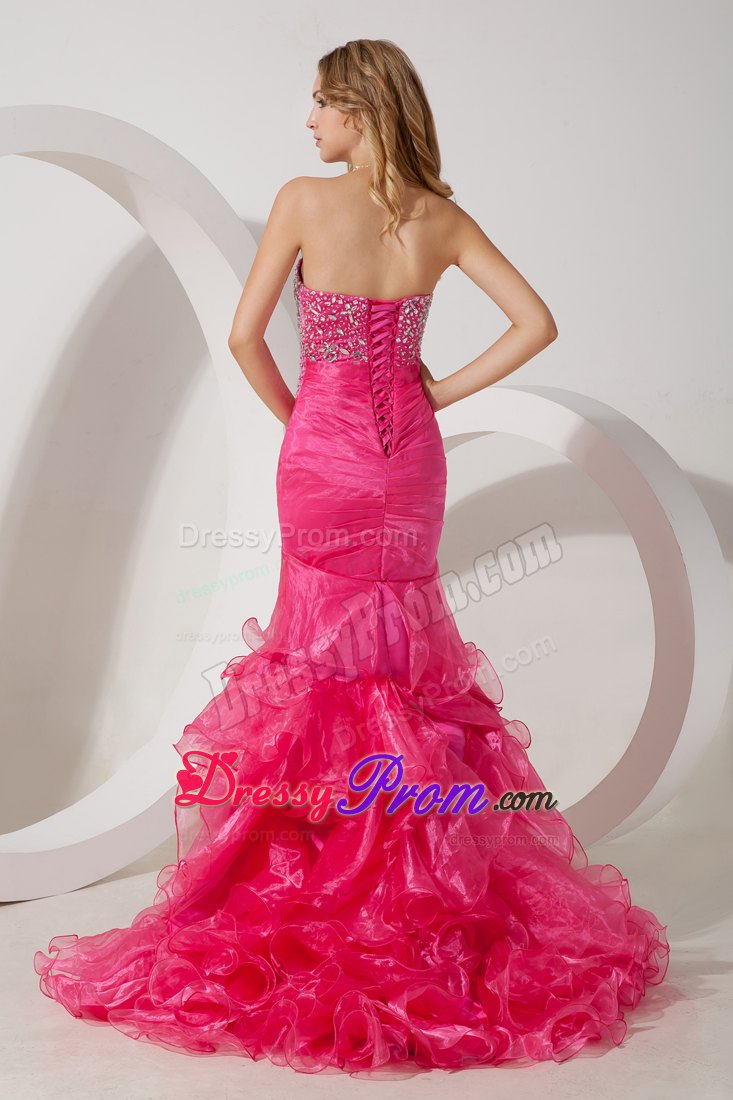 Hot Pink Mermaid Brush Ruffles Prom Evening Dress Beaded