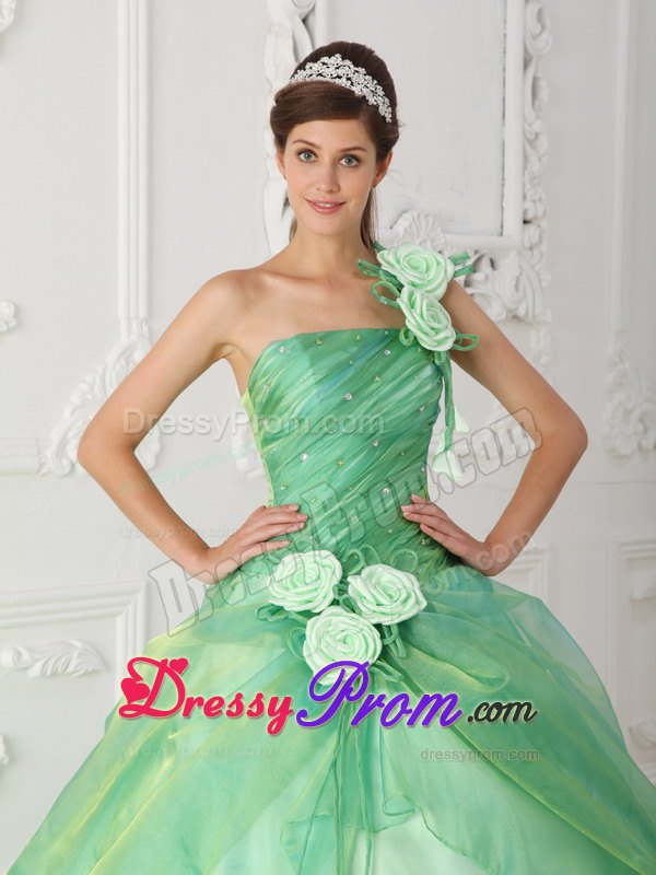 One Shoulder Apple Green Beading Quinceanera Dress with Hand Flower