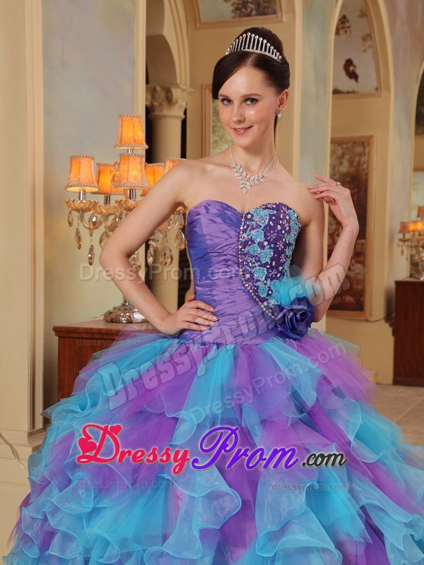 Purple and Aqua Blue Sweetheart Ruffles Organza Dresses For a Quince