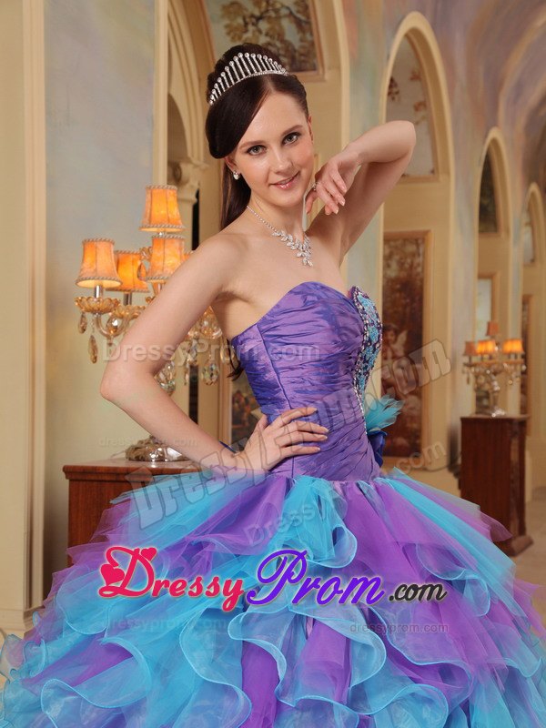 Purple and Aqua Blue Sweetheart Ruffles Organza Dresses For a Quince