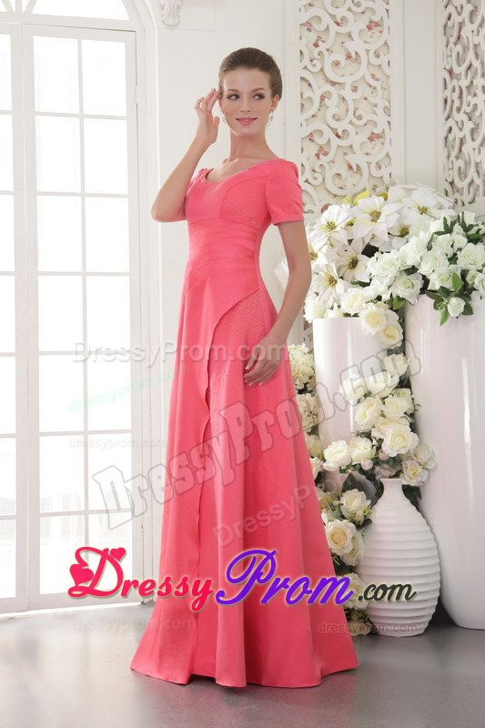 Scoop Short Sleeves Beaded Coral Red Prom Celebrity Dress