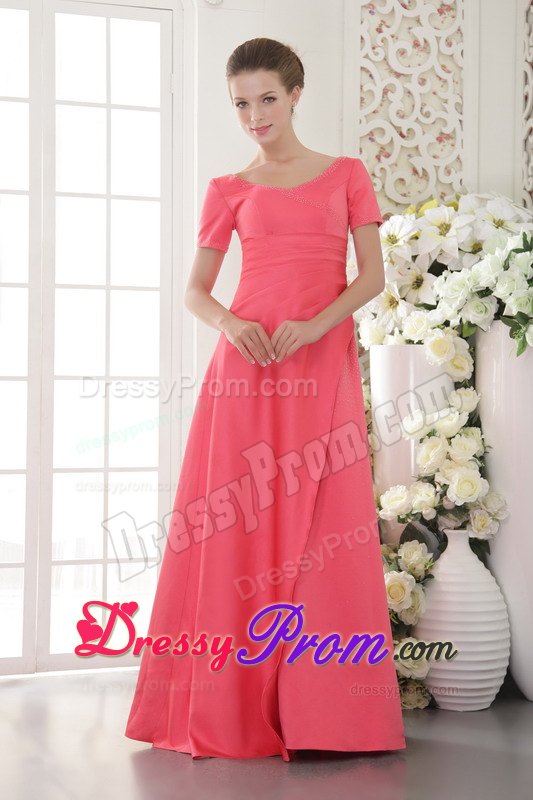 Scoop Short Sleeves Beaded Coral Red Prom Celebrity Dress