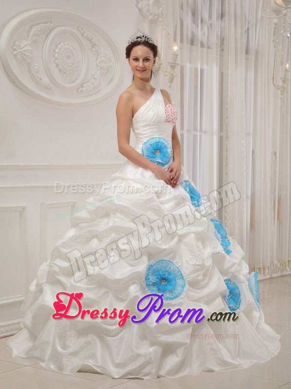 One Shoulder White Quinceanera Dress with Beading and Hand Flowers