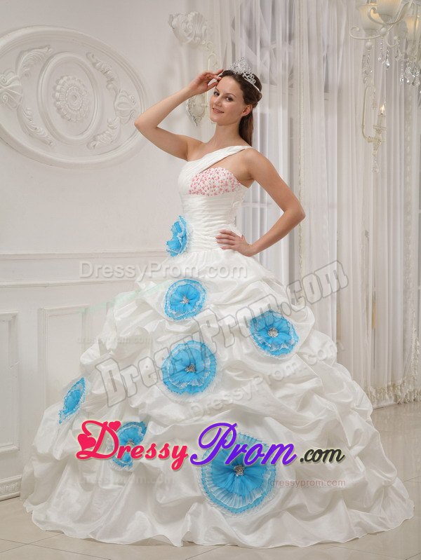 One Shoulder White Quinceanera Dress with Beading and Hand Flowers