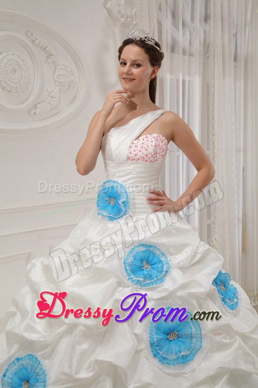 One Shoulder White Quinceanera Dress with Beading and Hand Flowers