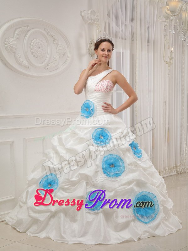 One Shoulder White Quinceanera Dress with Beading and Hand Flowers