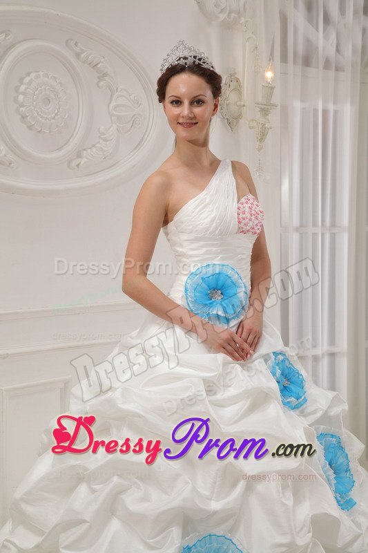 One Shoulder White Quinceanera Dress with Beading and Hand Flowers