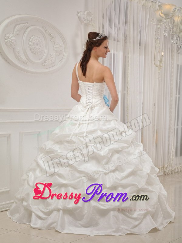 One Shoulder White Quinceanera Dress with Beading and Hand Flowers