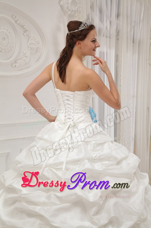 One Shoulder White Quinceanera Dress with Beading and Hand Flowers