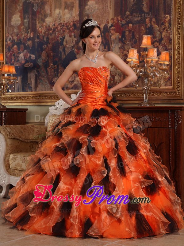 Ruffles Floor-length Organza Quinceanera Dress in Orange and Black