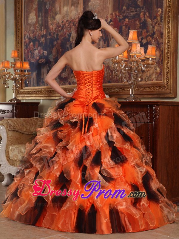 Ruffles Floor-length Organza Quinceanera Dress in Orange and Black