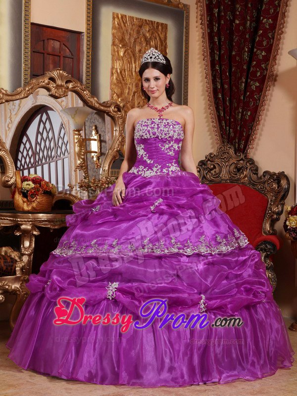 Strapless Floor-length Organza Appliques Quinceanera Dress in Fuchsia