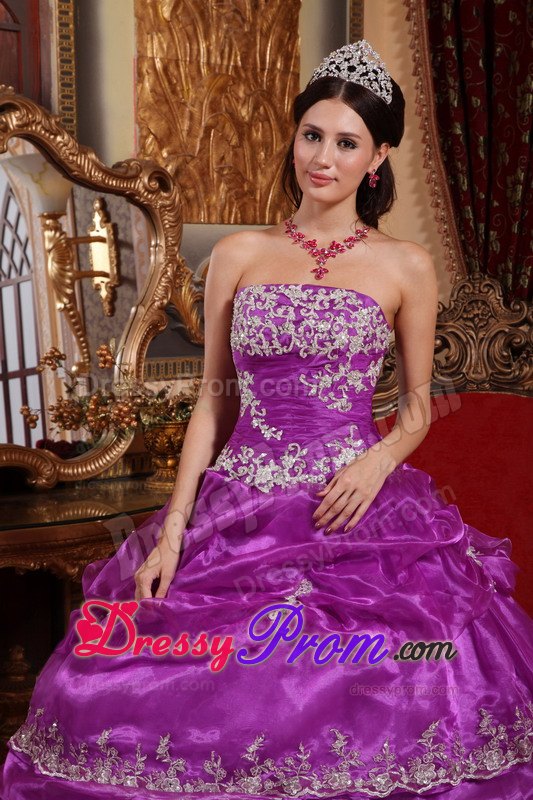 Strapless Floor-length Organza Appliques Quinceanera Dress in Fuchsia