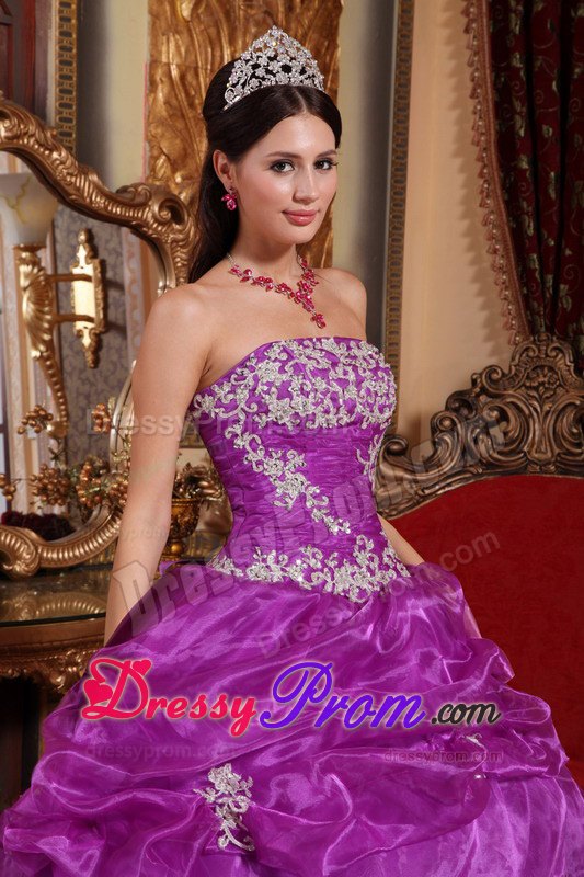 Strapless Floor-length Organza Appliques Quinceanera Dress in Fuchsia