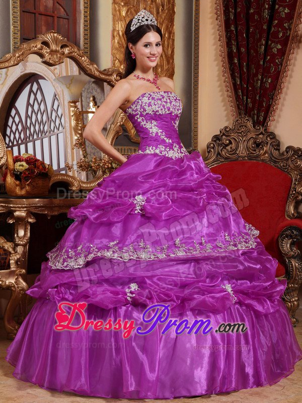 Strapless Floor-length Organza Appliques Quinceanera Dress in Fuchsia