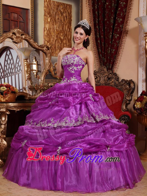 Strapless Floor-length Organza Appliques Quinceanera Dress in Fuchsia