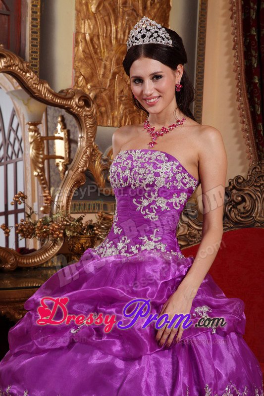 Strapless Floor-length Organza Appliques Quinceanera Dress in Fuchsia