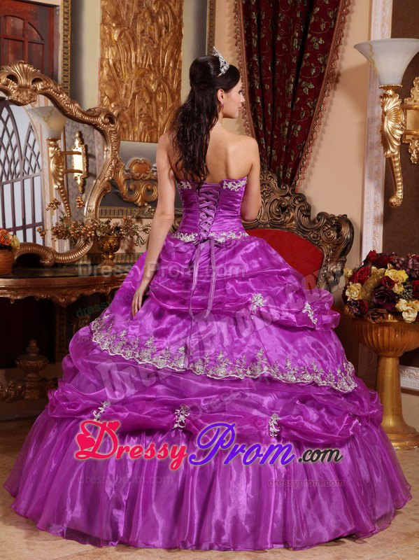 Strapless Floor-length Organza Appliques Quinceanera Dress in Fuchsia